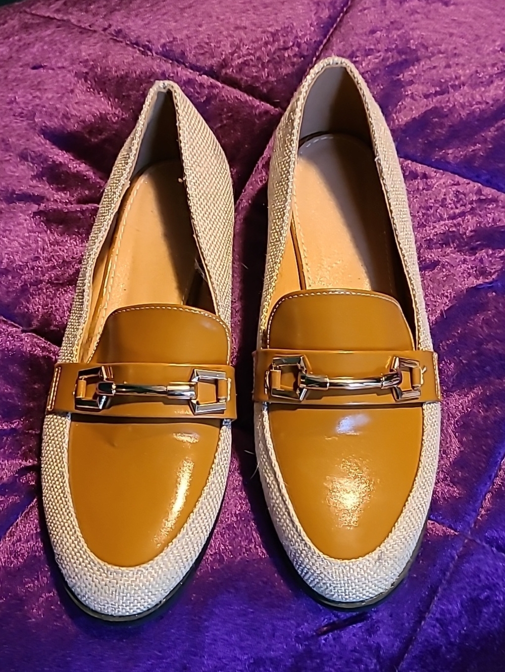 Women's Tan Loafer Flats with Beige Trim